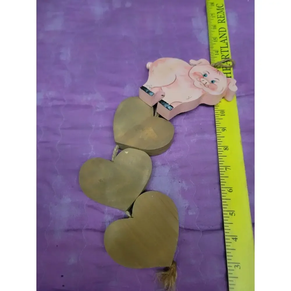 Grandma-core Cottage Wooden Pig I Love Pigs Hearts Strings